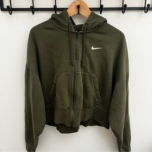 Nike Women's Olive Green Cropped Zip-Up Hoodie S